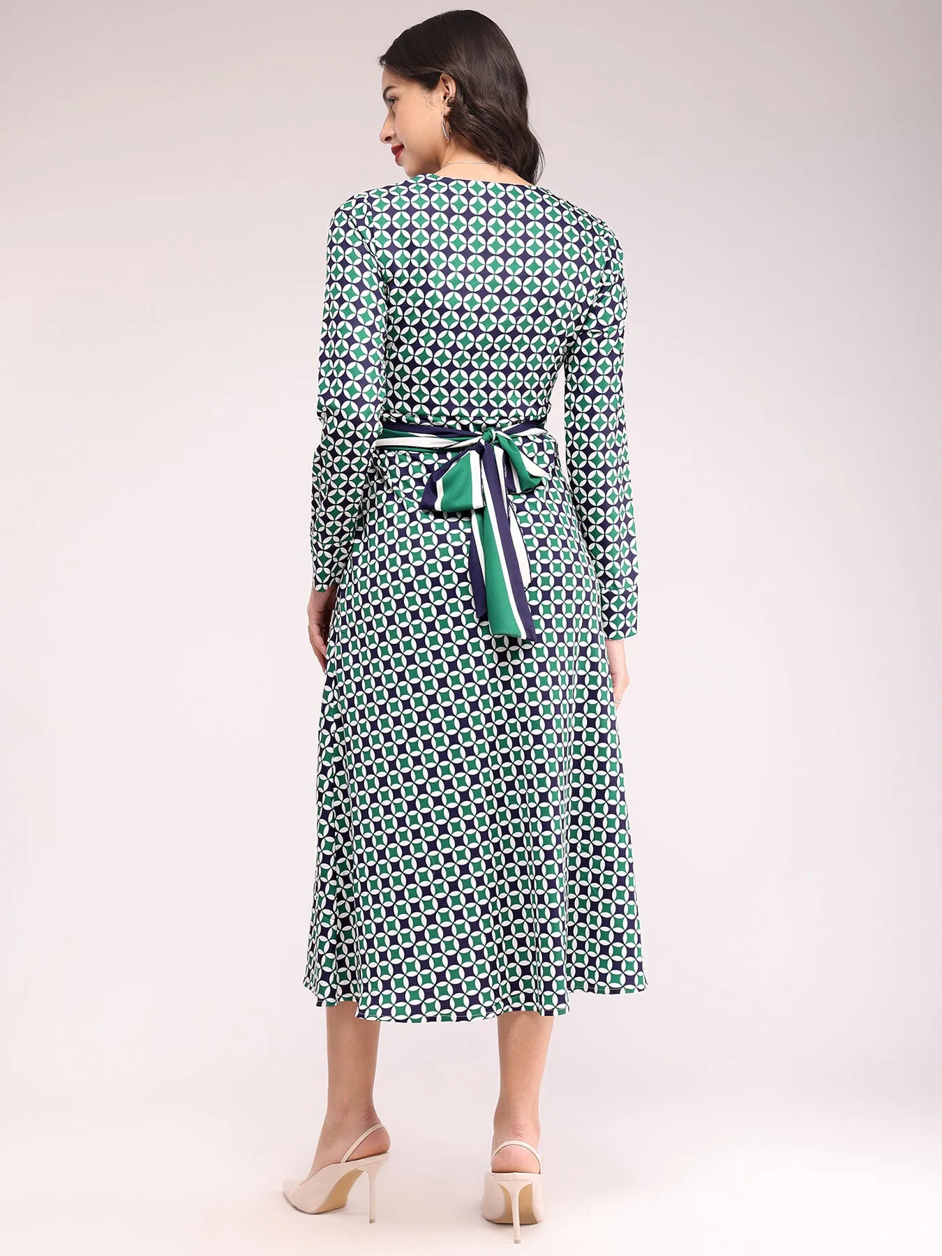 Geometric Print Fit And Flare Dress - Teal And Navy Blue
