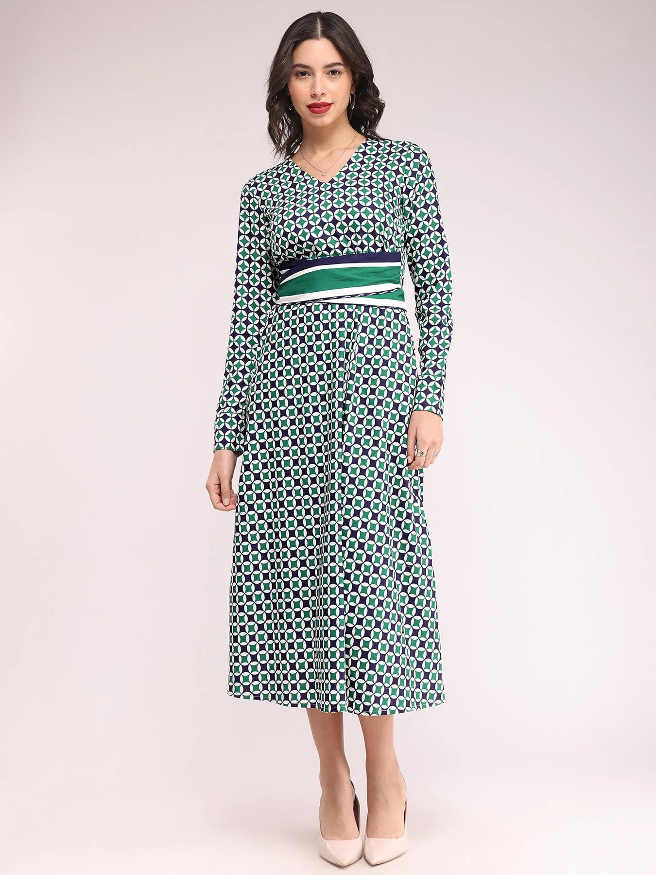 Geometric Print Fit And Flare Dress - Teal And Navy Blue