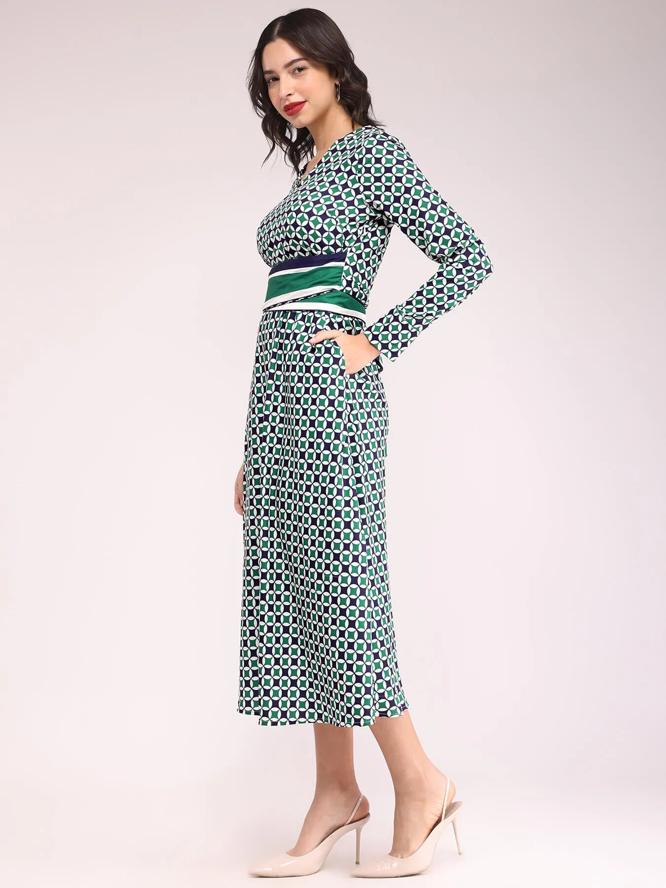 Geometric Print Fit And Flare Dress - Teal And Navy Blue
