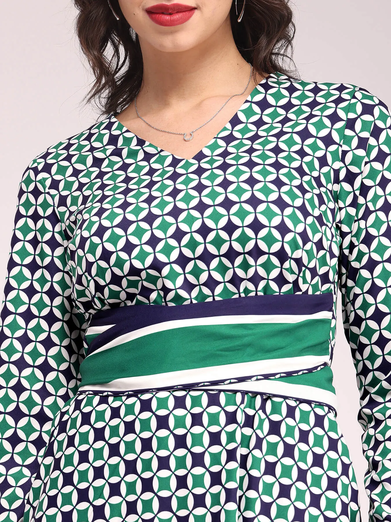 Geometric Print Fit And Flare Dress - Teal And Navy Blue