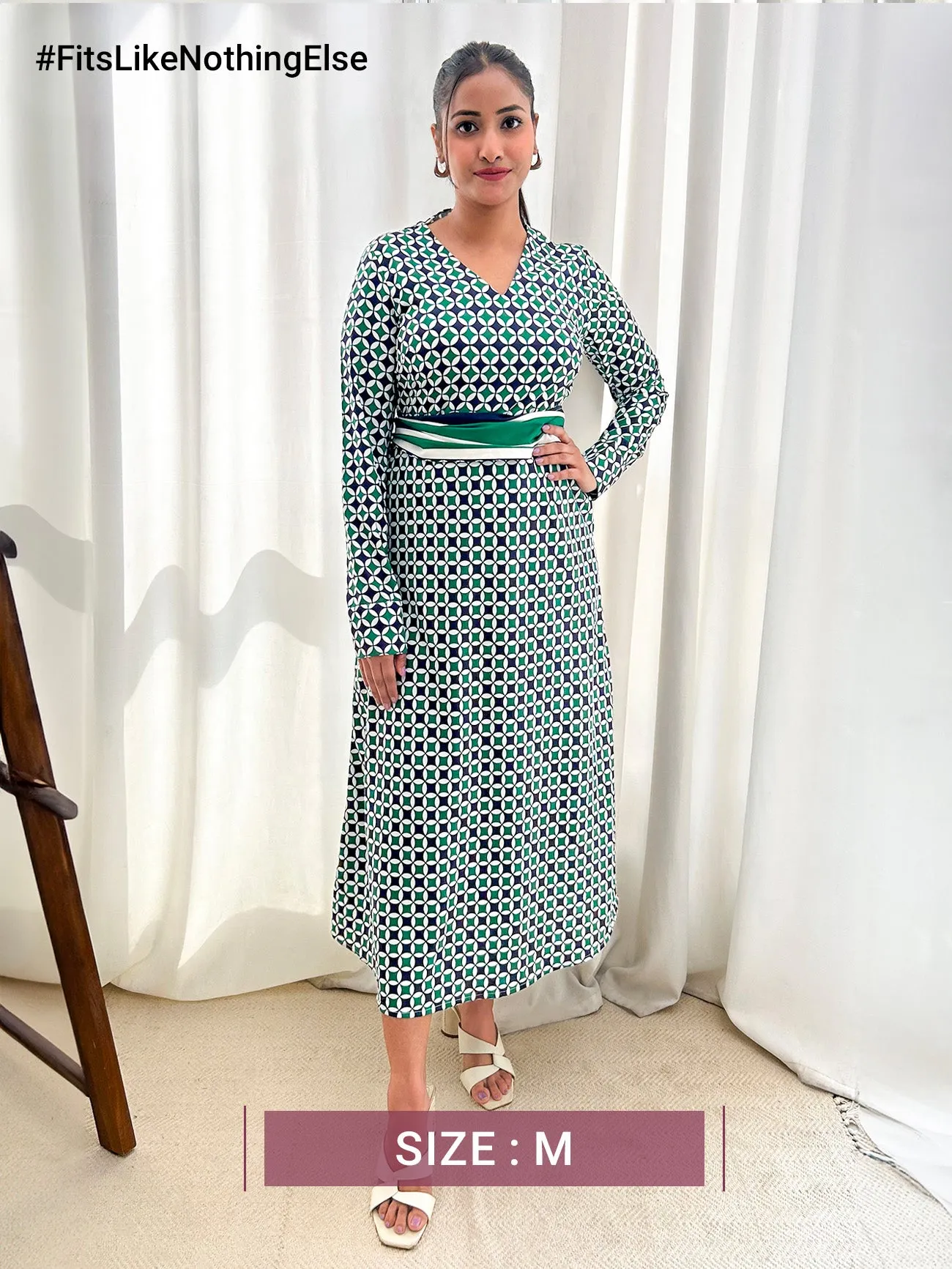 Geometric Print Fit And Flare Dress - Teal And Navy Blue