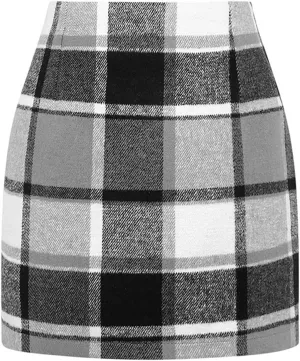 High Waisted Plaid Skirts for Women Bodycon Mini Wool Pencil Skirt Comfy Cute Wrap Trendy Stretchy Satin Tweed Skirt