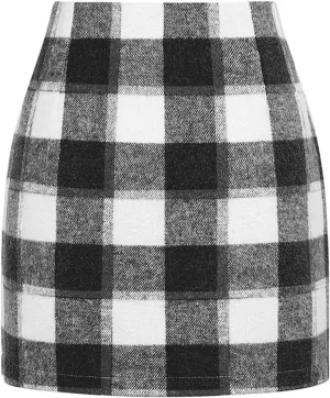 High Waisted Plaid Skirts for Women Bodycon Mini Wool Pencil Skirt Comfy Cute Wrap Trendy Stretchy Satin Tweed Skirt