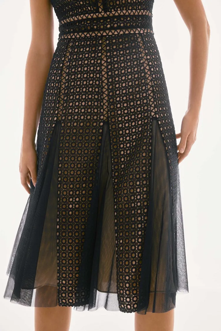 Joseph Ribkoff Navy/Nude Signature | Guipure And Mesh Fit And Flare Dress