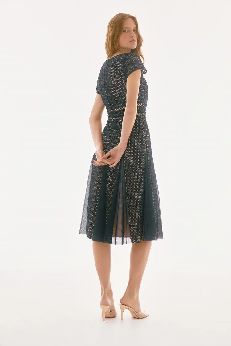 Joseph Ribkoff Navy/Nude Signature | Guipure And Mesh Fit And Flare Dress