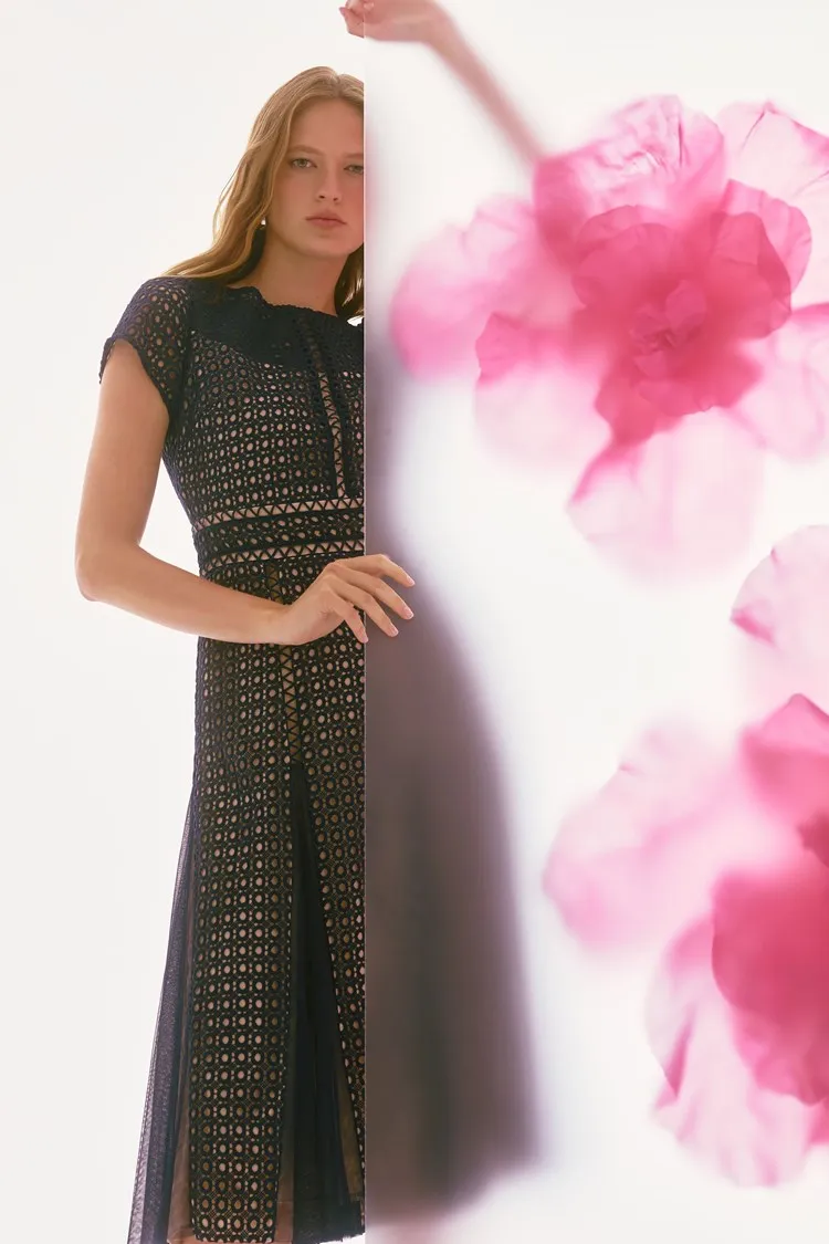 Joseph Ribkoff Navy/Nude Signature | Guipure And Mesh Fit And Flare Dress