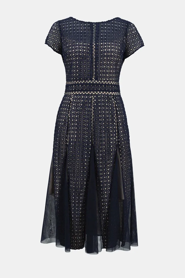 Joseph Ribkoff Navy/Nude Signature | Guipure And Mesh Fit And Flare Dress
