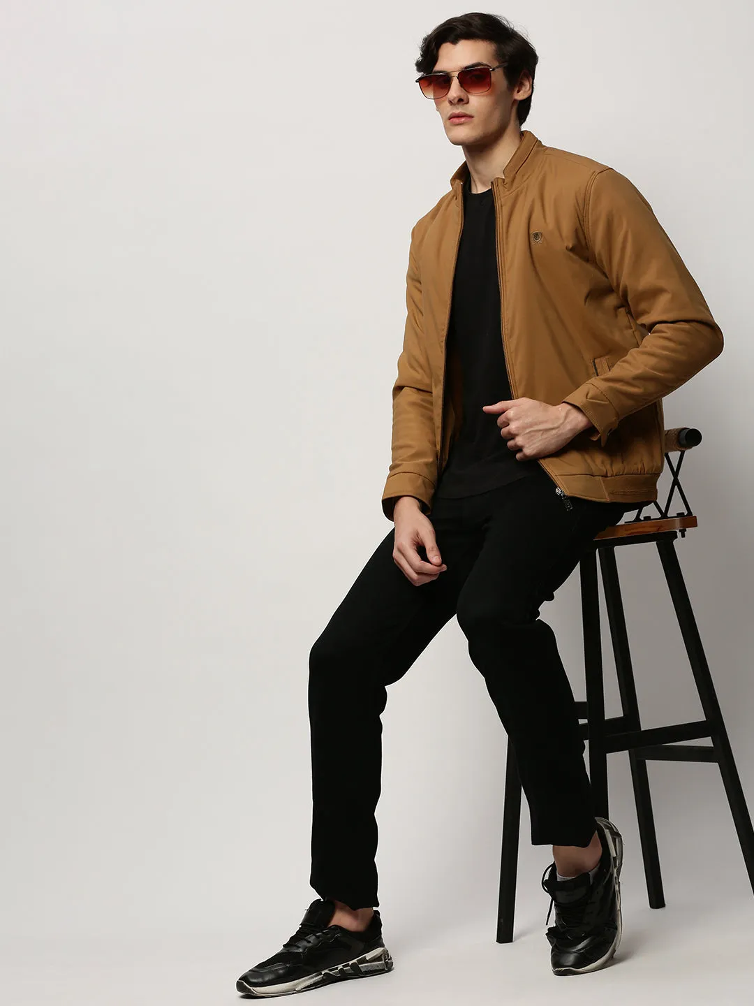 Men Khaki Mock Collar Regular Bomber Jacket