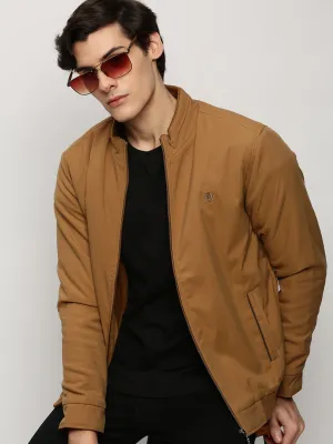 Men Khaki Mock Collar Regular Bomber Jacket