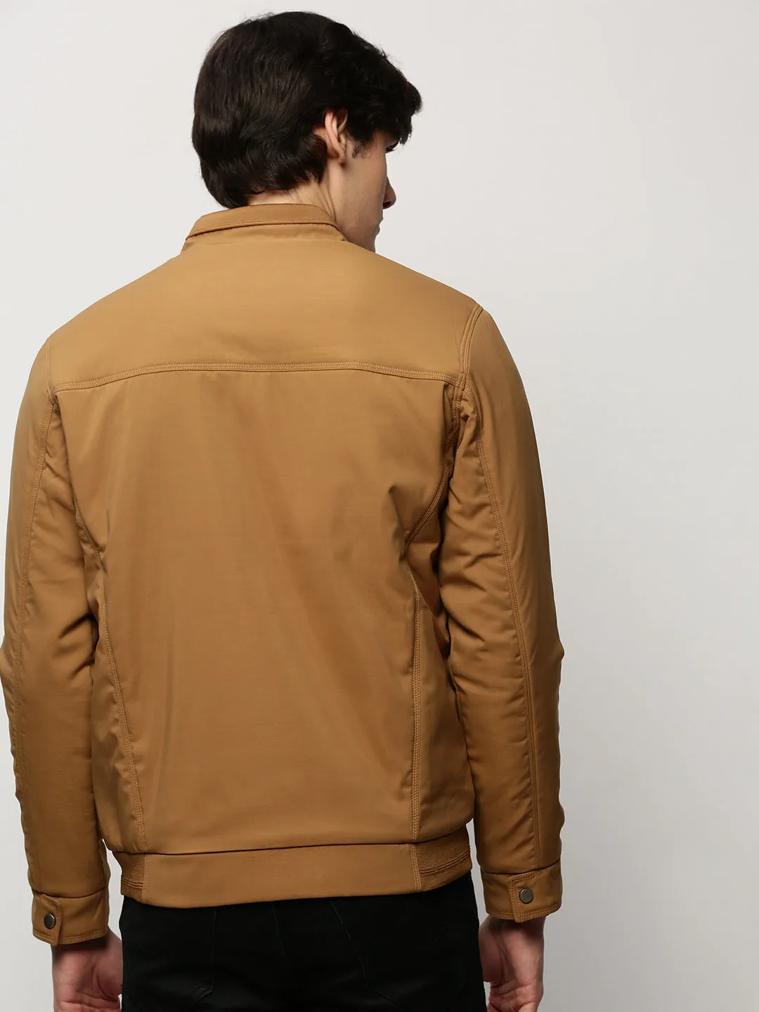 Men Khaki Mock Collar Regular Bomber Jacket