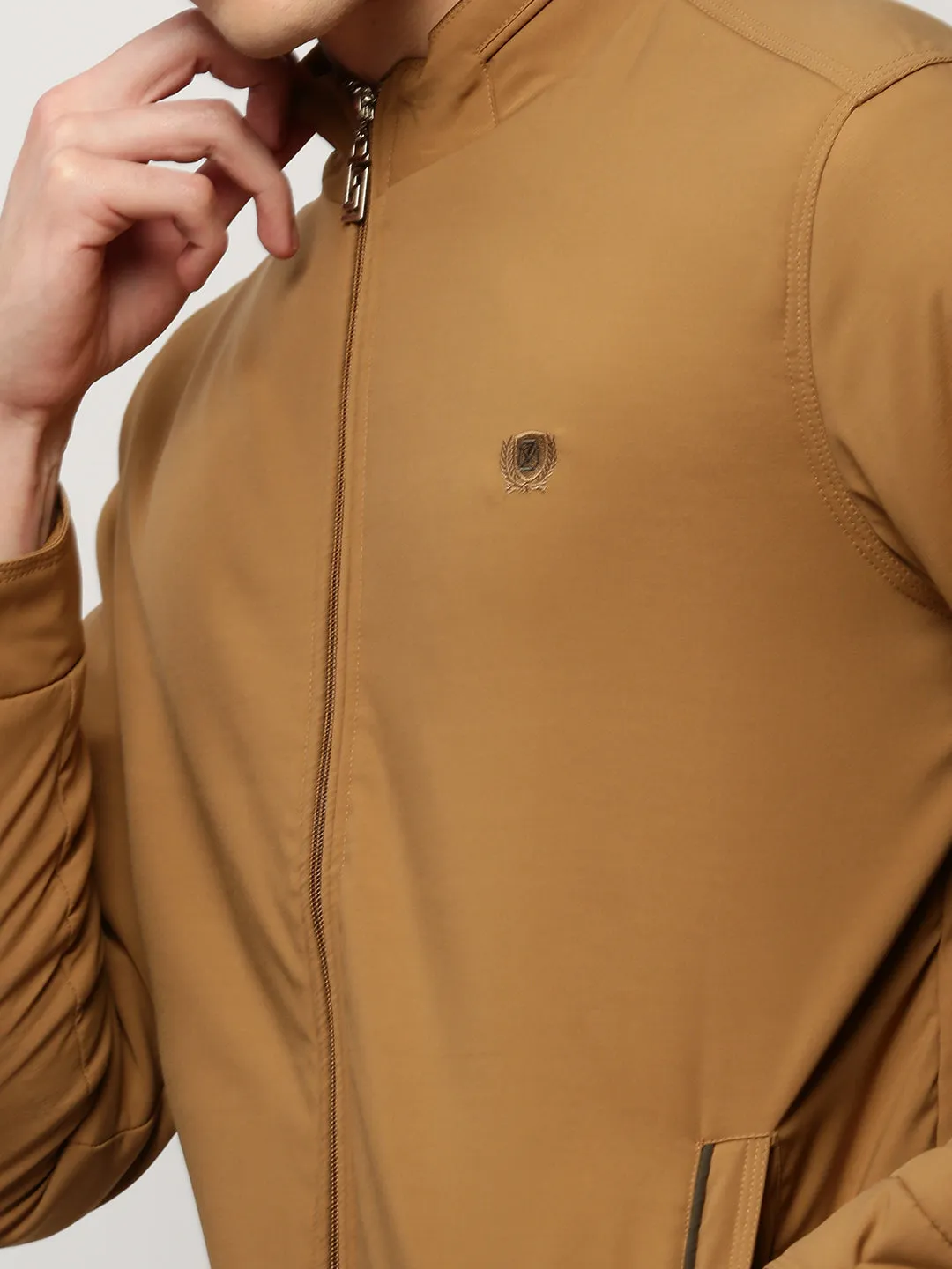 Men Khaki Mock Collar Regular Bomber Jacket