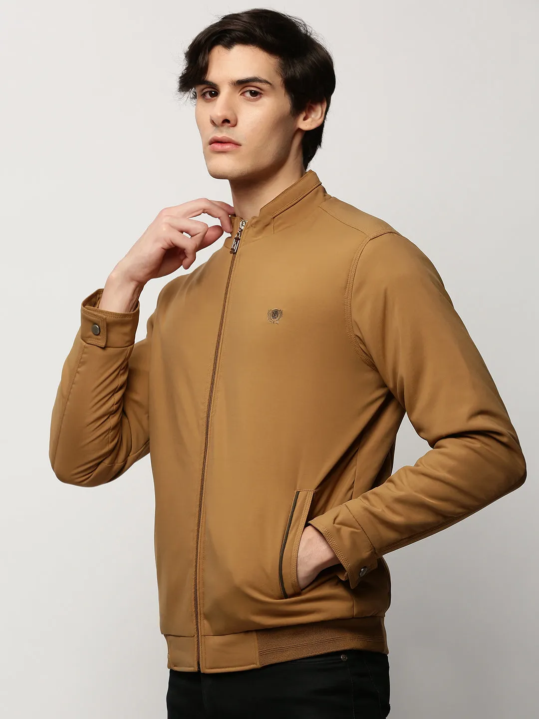 Men Khaki Mock Collar Regular Bomber Jacket