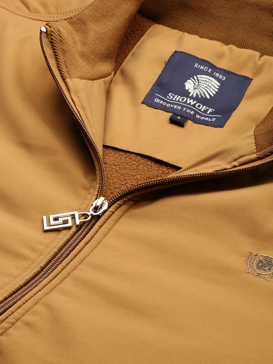 Men Khaki Mock Collar Regular Bomber Jacket