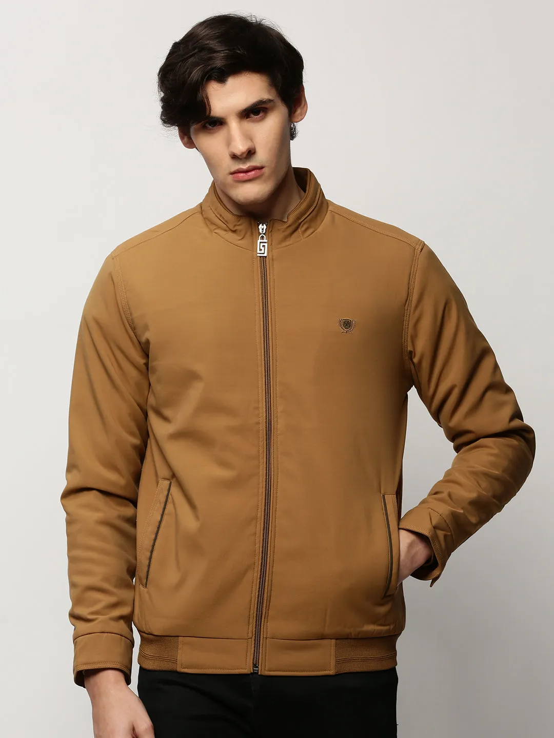 Men Khaki Mock Collar Regular Bomber Jacket