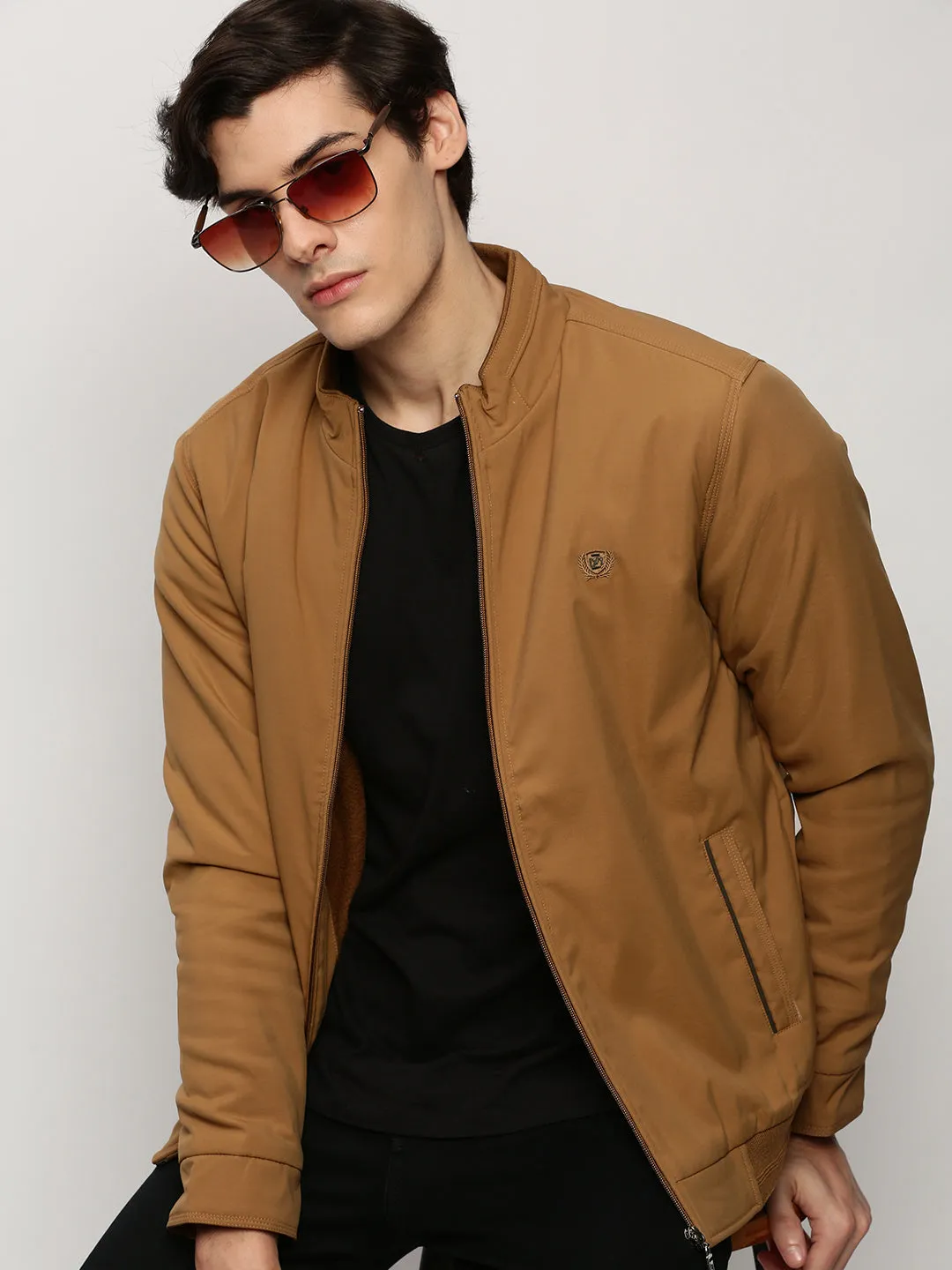 Men Khaki Mock Collar Regular Bomber Jacket
