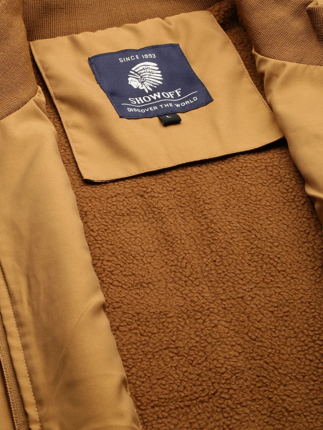 Men Khaki Mock Collar Regular Bomber Jacket