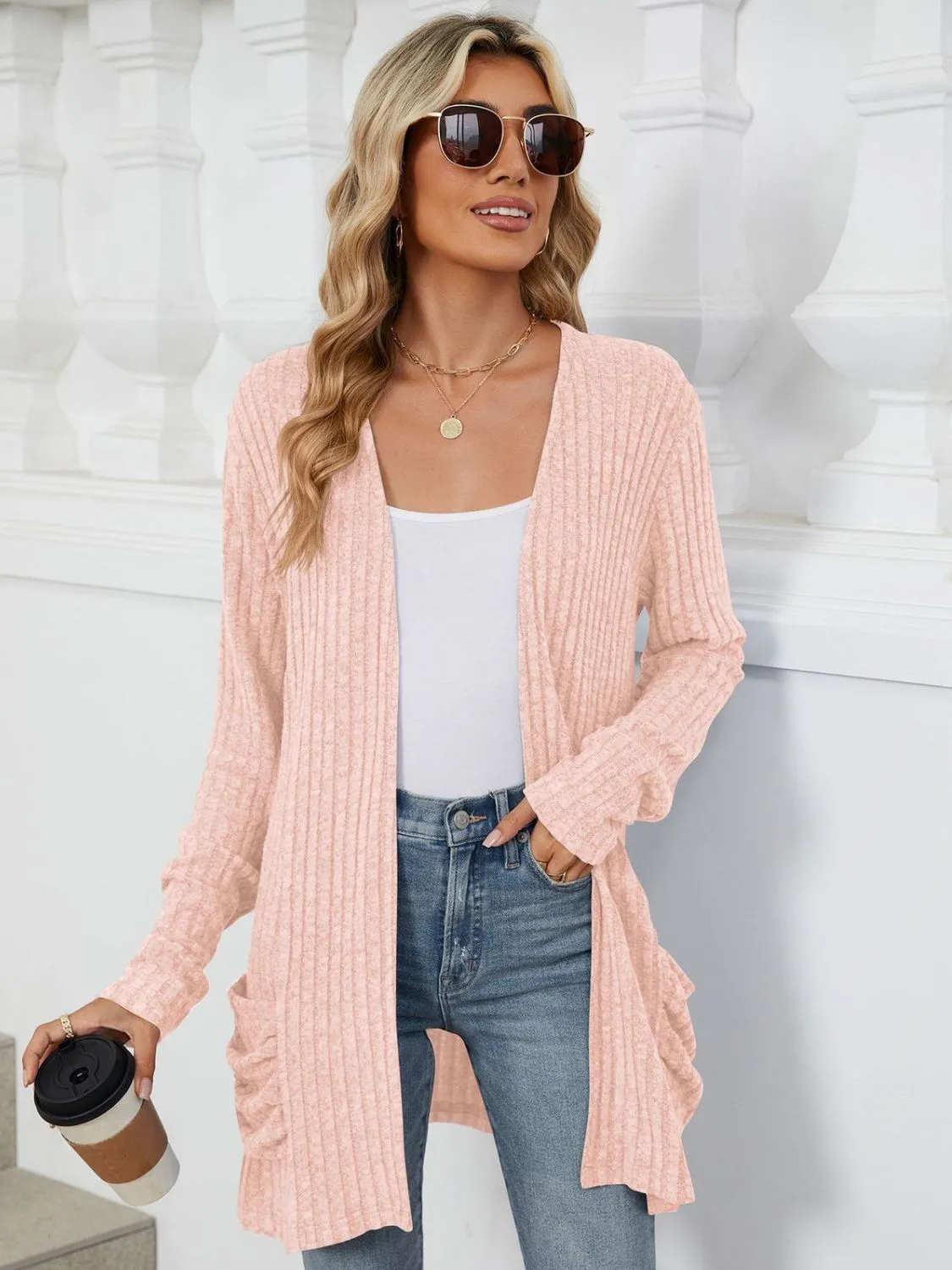 Pocketed Open Front Long Sleeve Cardigan - 9 Colors