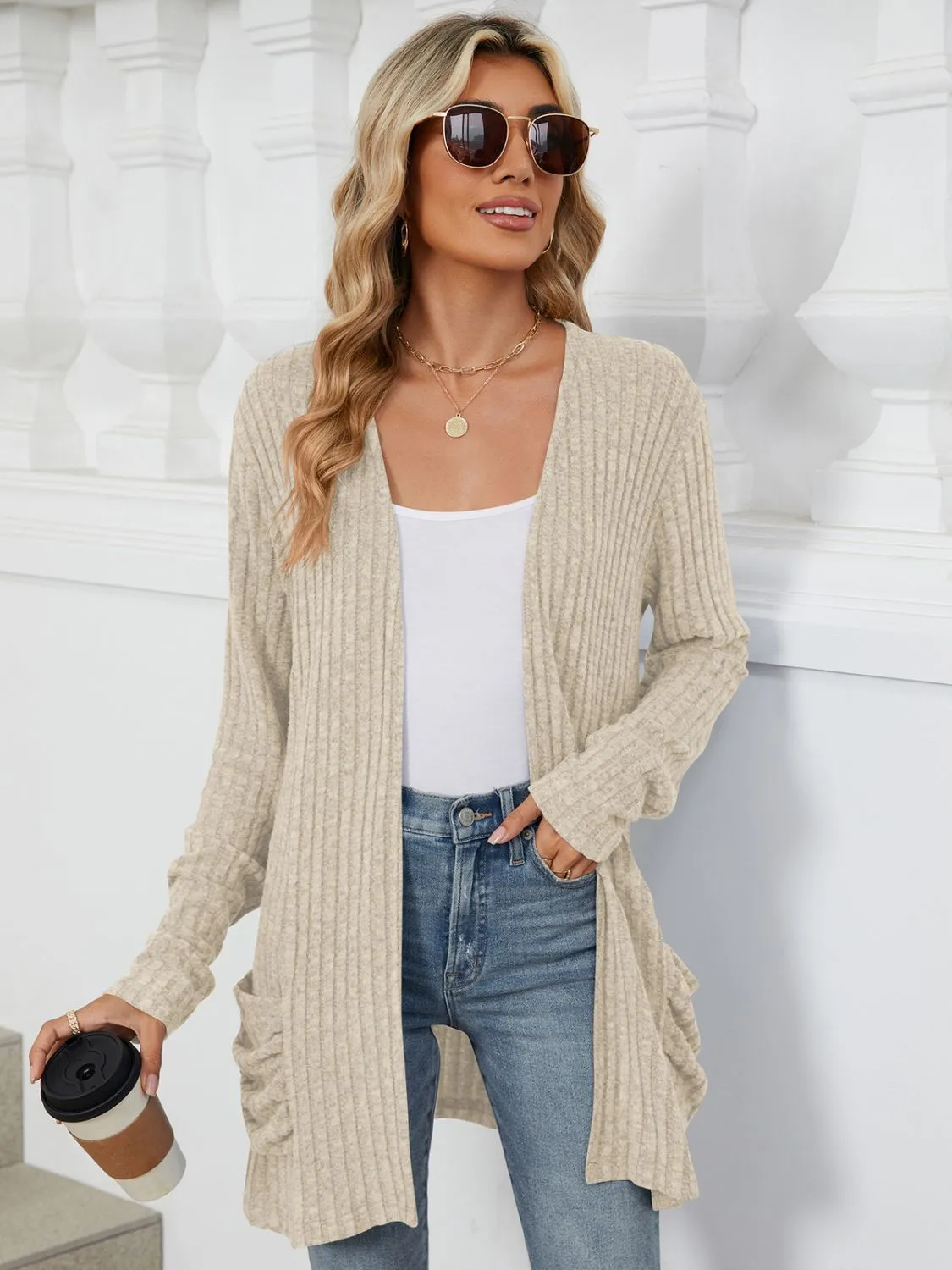 Pocketed Open Front Long Sleeve Cardigan - 9 Colors