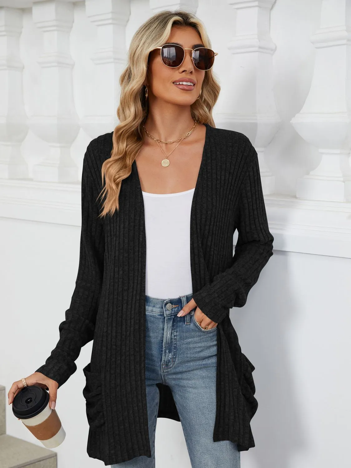 Pocketed Open Front Long Sleeve Cardigan - 9 Colors