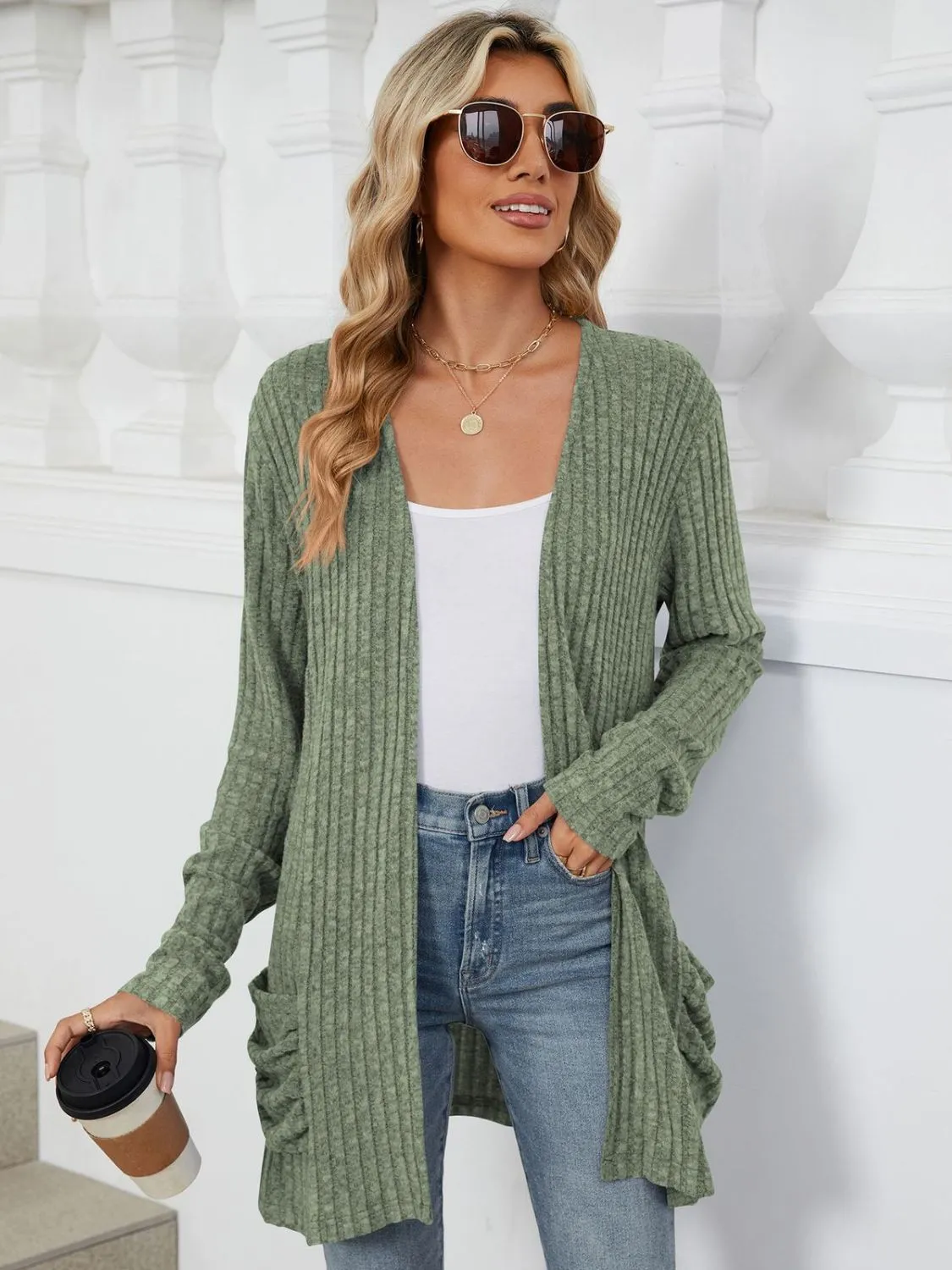 Pocketed Open Front Long Sleeve Cardigan - 9 Colors