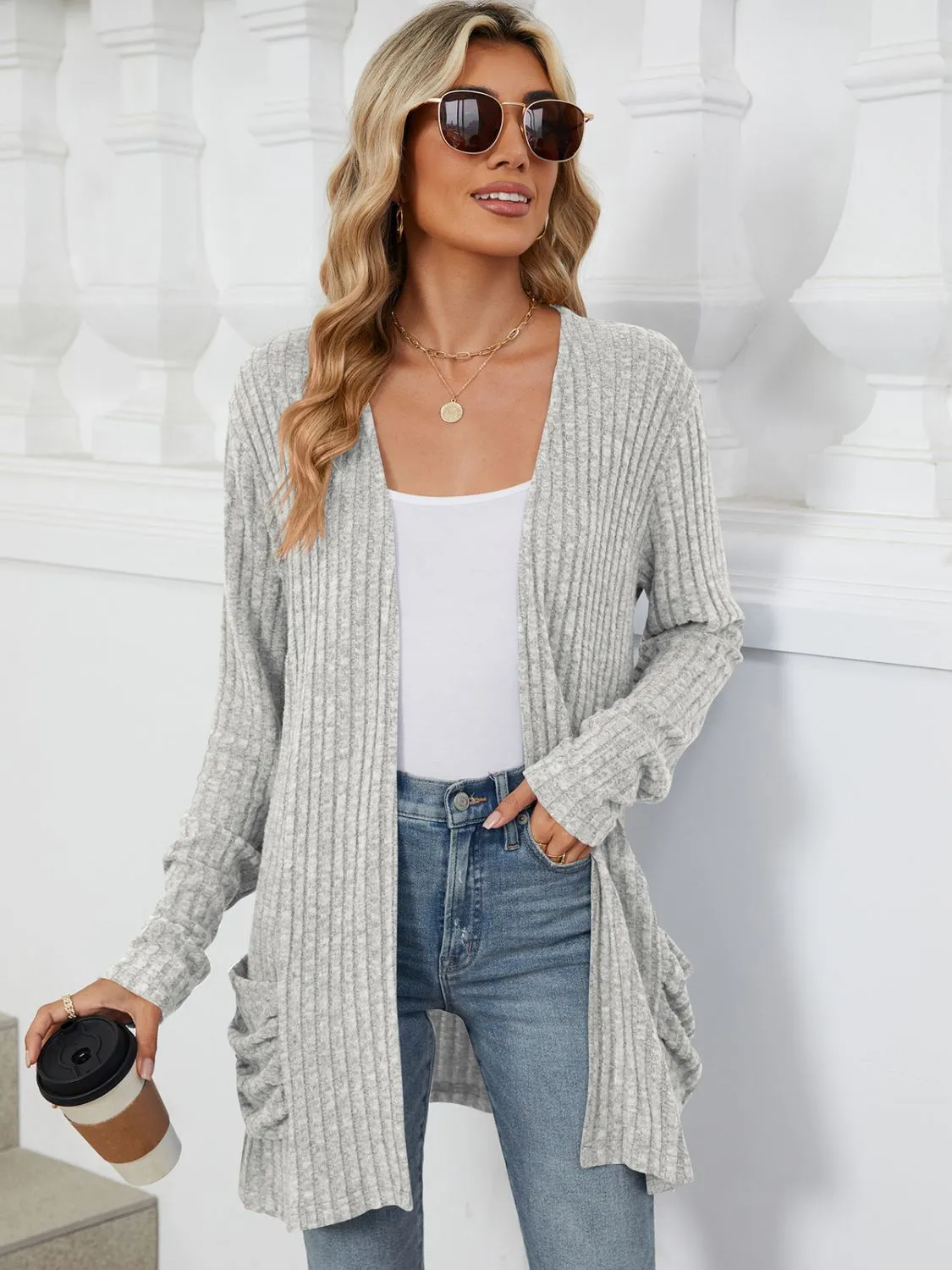 Pocketed Open Front Long Sleeve Cardigan - 9 Colors