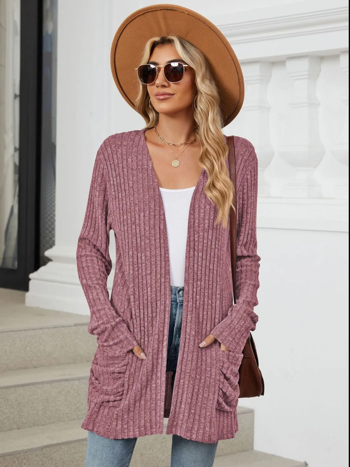 Pocketed Open Front Long Sleeve Cardigan - 9 Colors