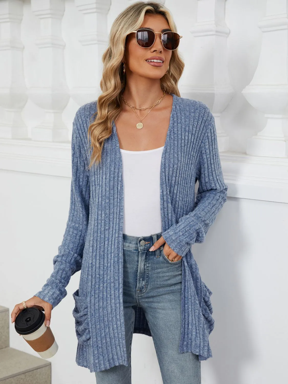 Pocketed Open Front Long Sleeve Cardigan - 9 Colors