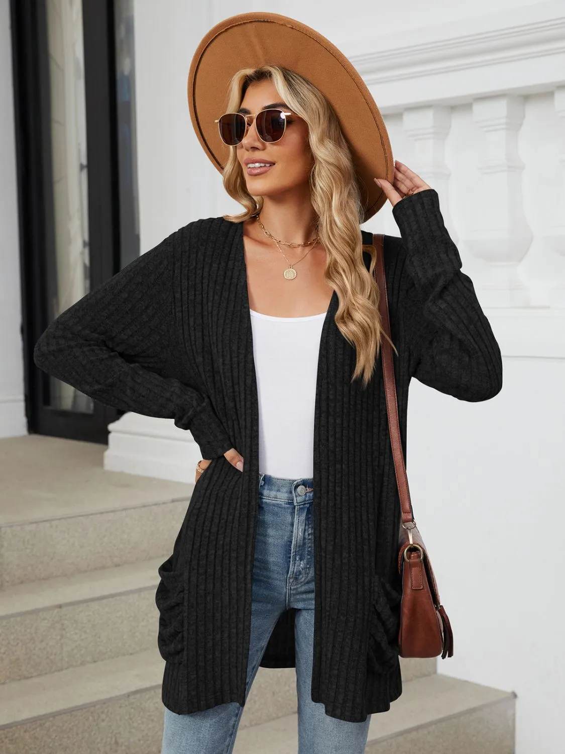 Pocketed Open Front Long Sleeve Cardigan - 9 Colors
