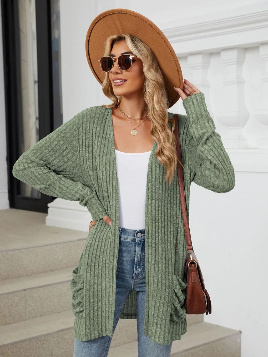 Pocketed Open Front Long Sleeve Cardigan - 9 Colors