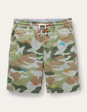 Pull-on Drawstring Shorts-Green Camouflage Lizard