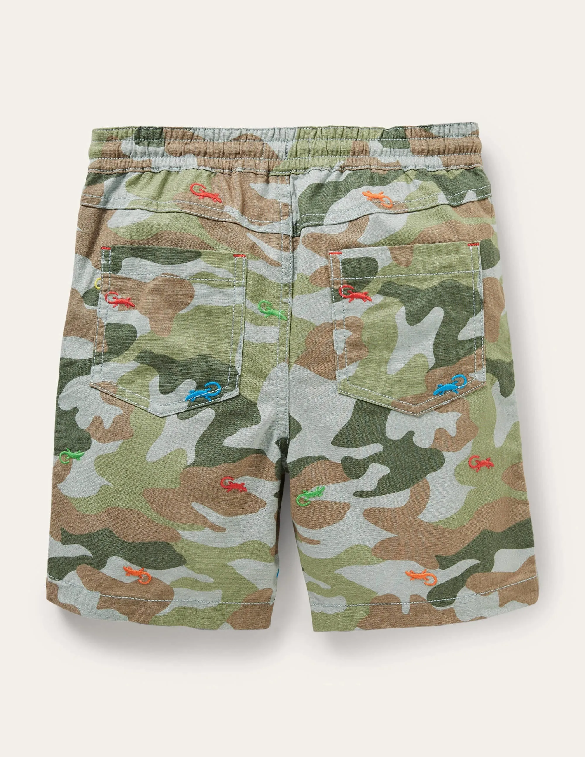 Pull-on Drawstring Shorts-Green Camouflage Lizard