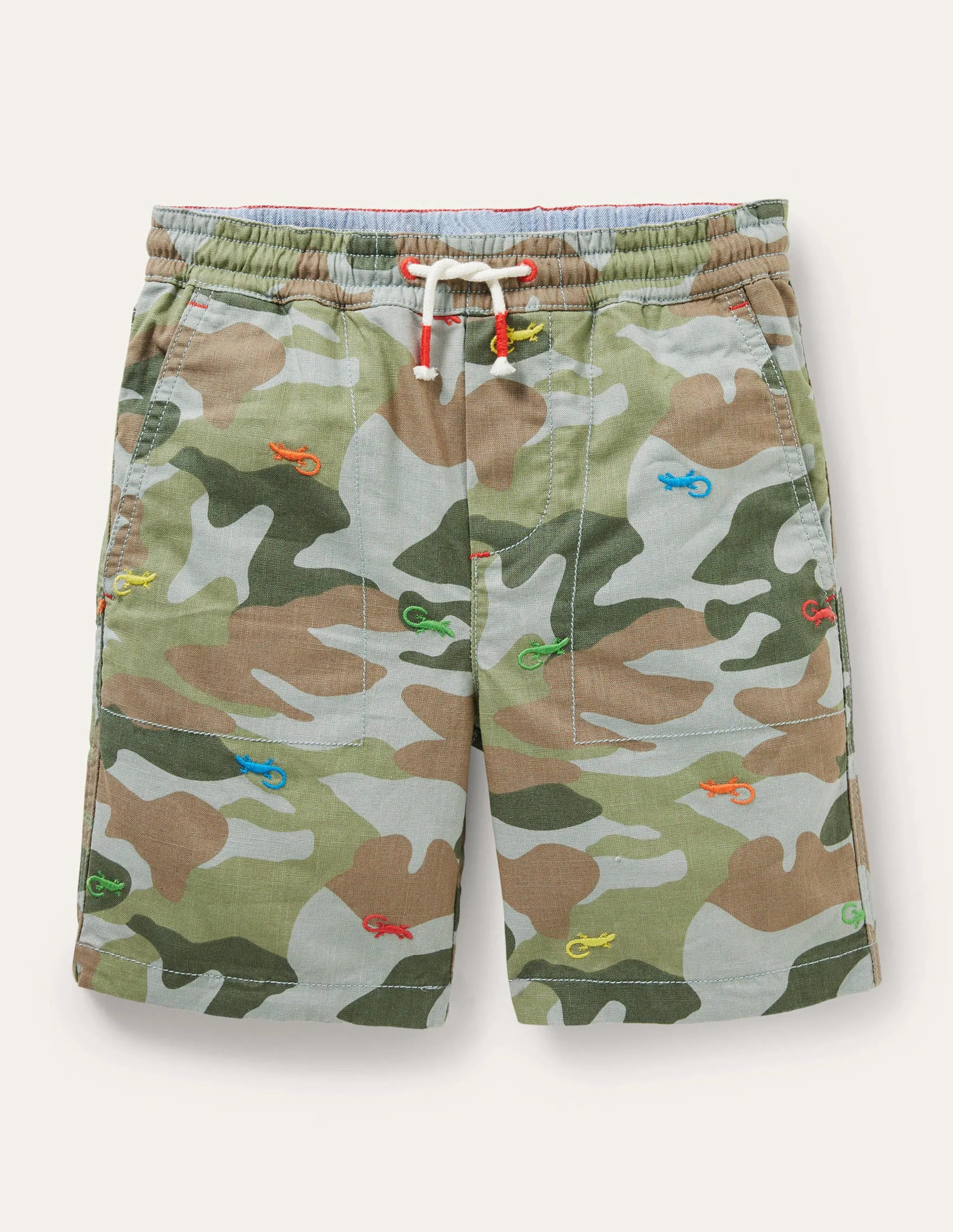 Pull-on Drawstring Shorts-Green Camouflage Lizard
