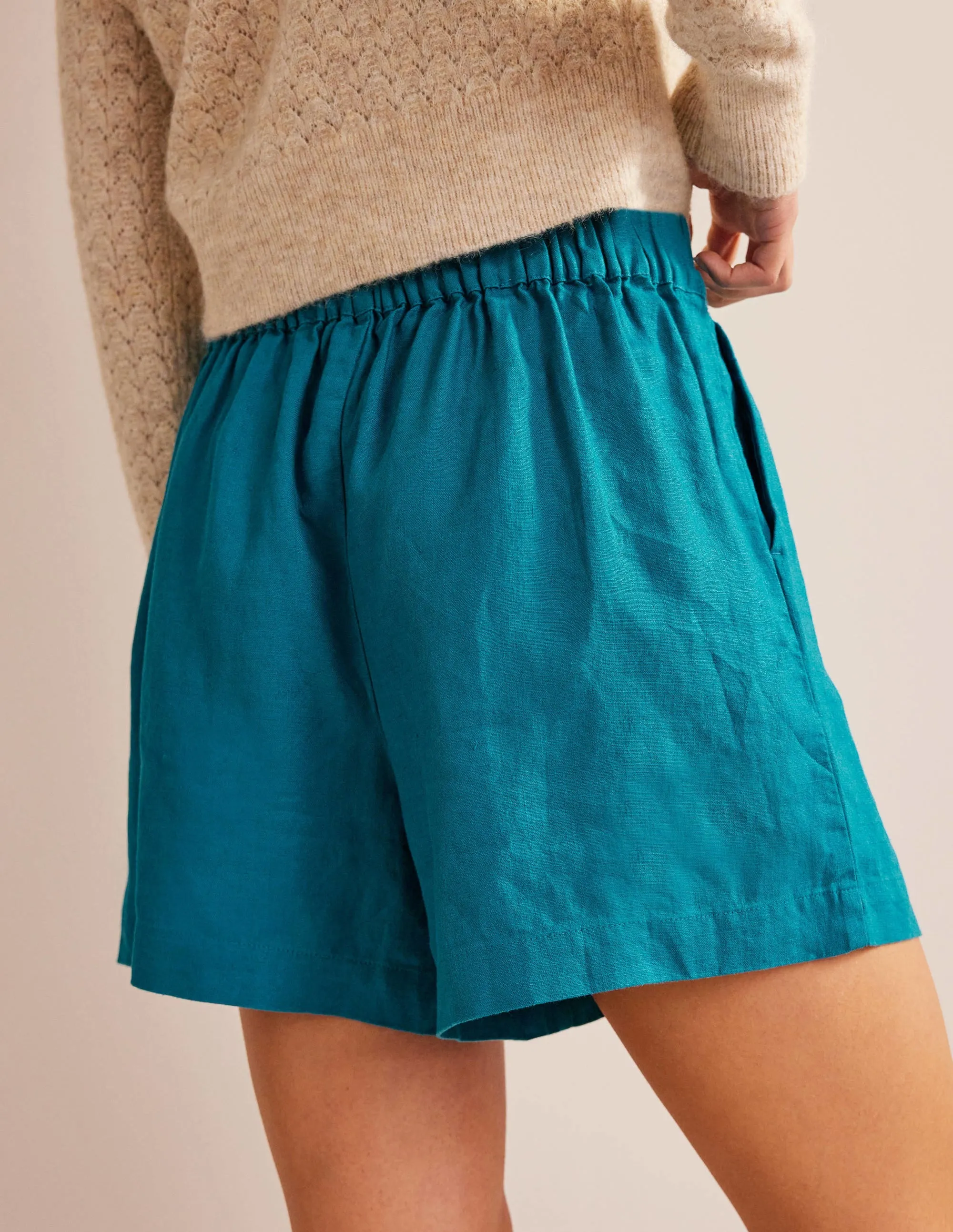 Pull-on Linen Shorts-Crystal Teal