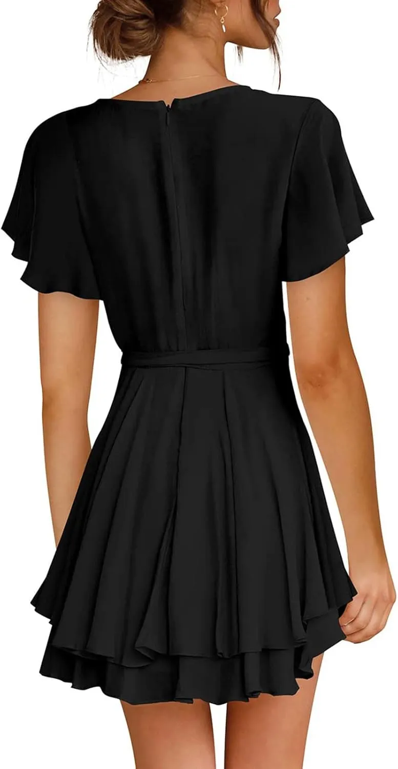 tuduoms Women's Waist Tie Ruffle Mini Dress Wrap V Neck Flowy Casual Summer Dress Short Sleeves Layered Beach Swing Dresses