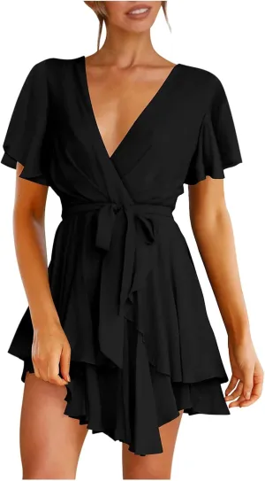 tuduoms Women's Waist Tie Ruffle Mini Dress Wrap V Neck Flowy Casual Summer Dress Short Sleeves Layered Beach Swing Dresses