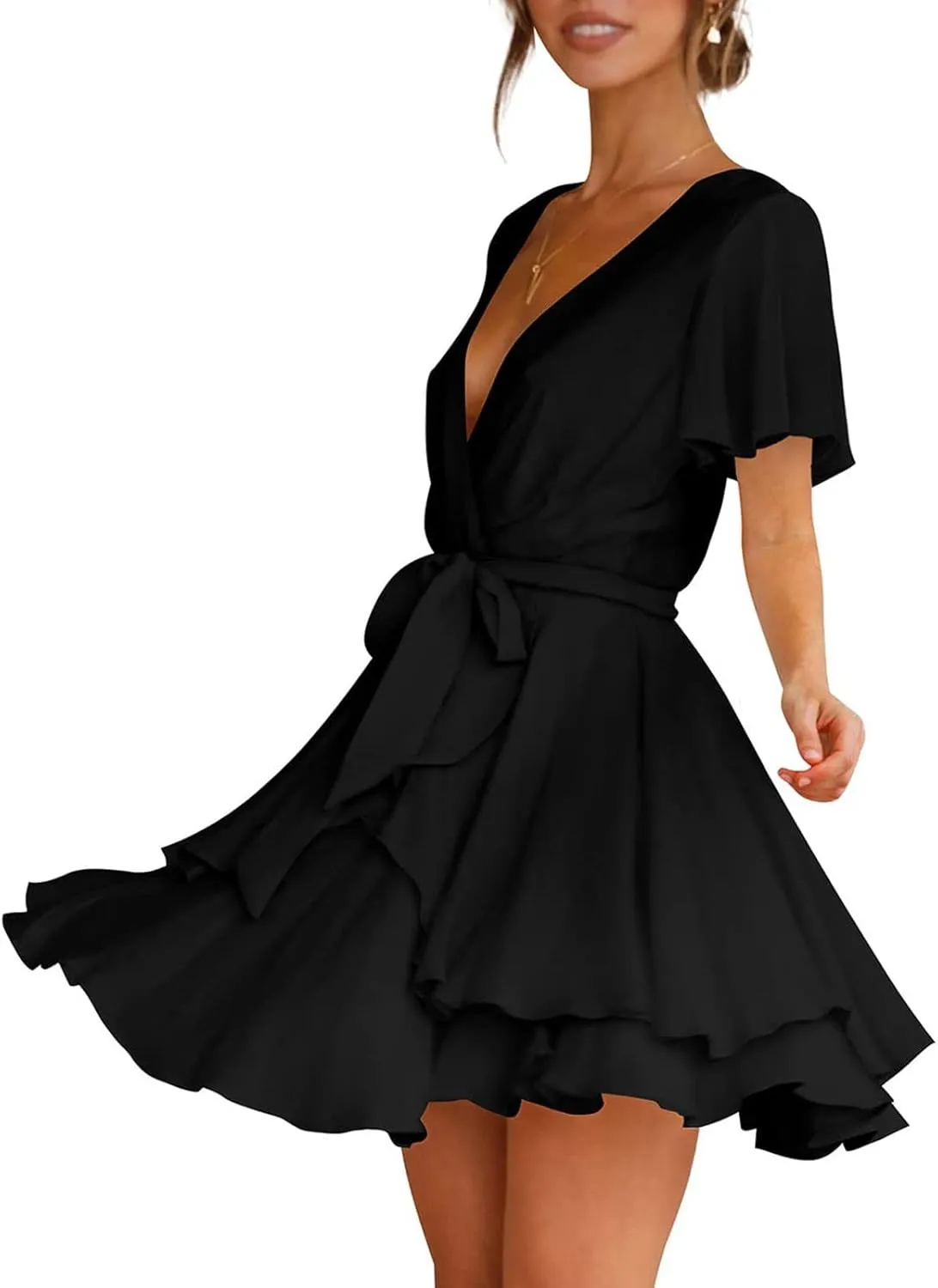 tuduoms Women's Waist Tie Ruffle Mini Dress Wrap V Neck Flowy Casual Summer Dress Short Sleeves Layered Beach Swing Dresses