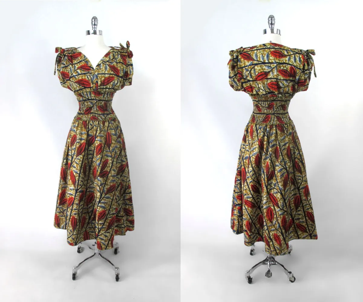 Vintage Batik Flower Full Skirt Day Dress L