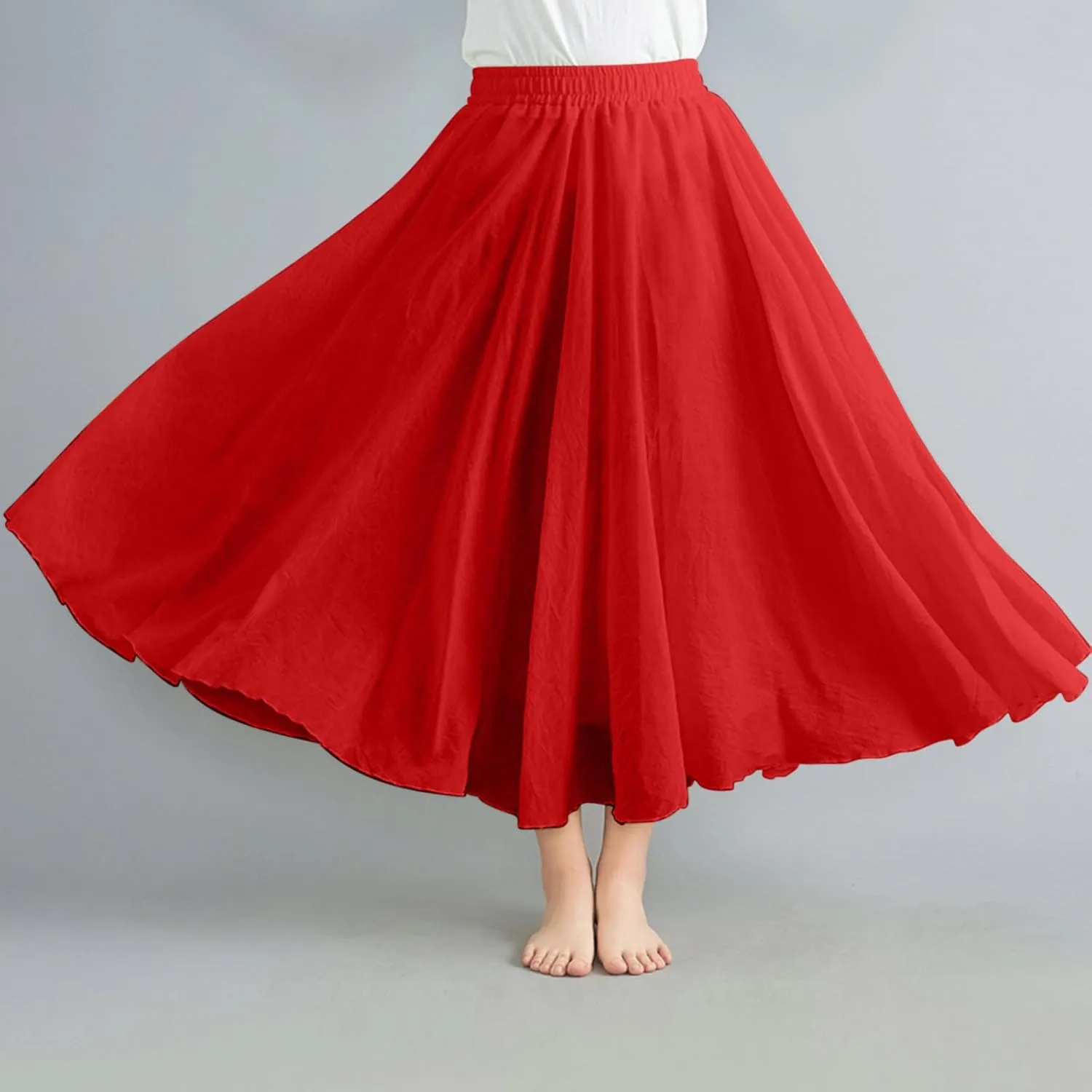 Womens Cotton Linen Skirts Summer Casual Loose Fit Plain Elastic High Waist Swing Flowy A Line Pleated Midi Skirt