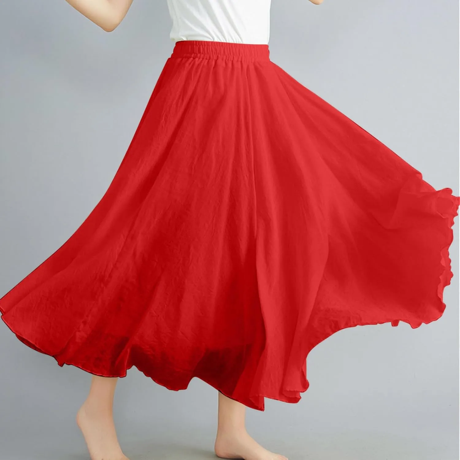 Womens Cotton Linen Skirts Summer Casual Loose Fit Plain Elastic High Waist Swing Flowy A Line Pleated Midi Skirt