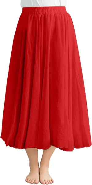 Womens Cotton Linen Skirts Summer Casual Loose Fit Plain Elastic High Waist Swing Flowy A Line Pleated Midi Skirt