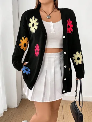 Women's Plus Size Flower Pattern Drop Shoulder Open Front Cardigan
