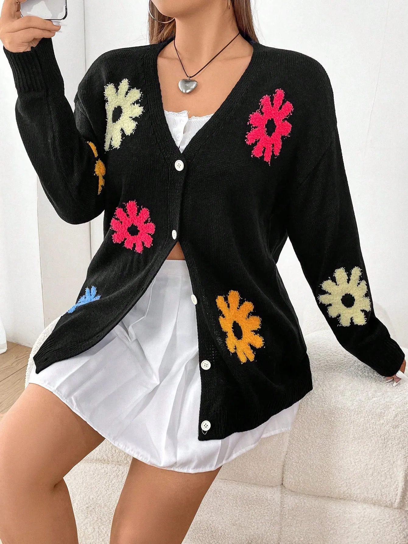 Women's Plus Size Flower Pattern Drop Shoulder Open Front Cardigan