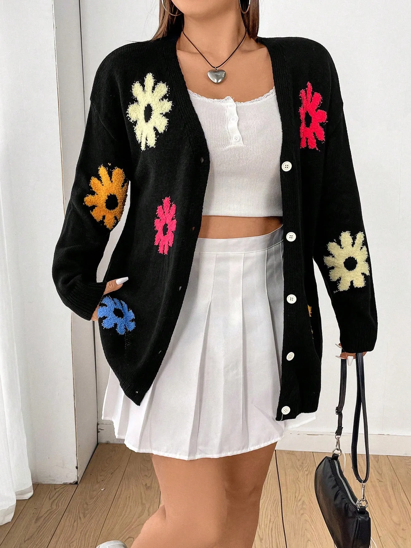 Women's Plus Size Flower Pattern Drop Shoulder Open Front Cardigan