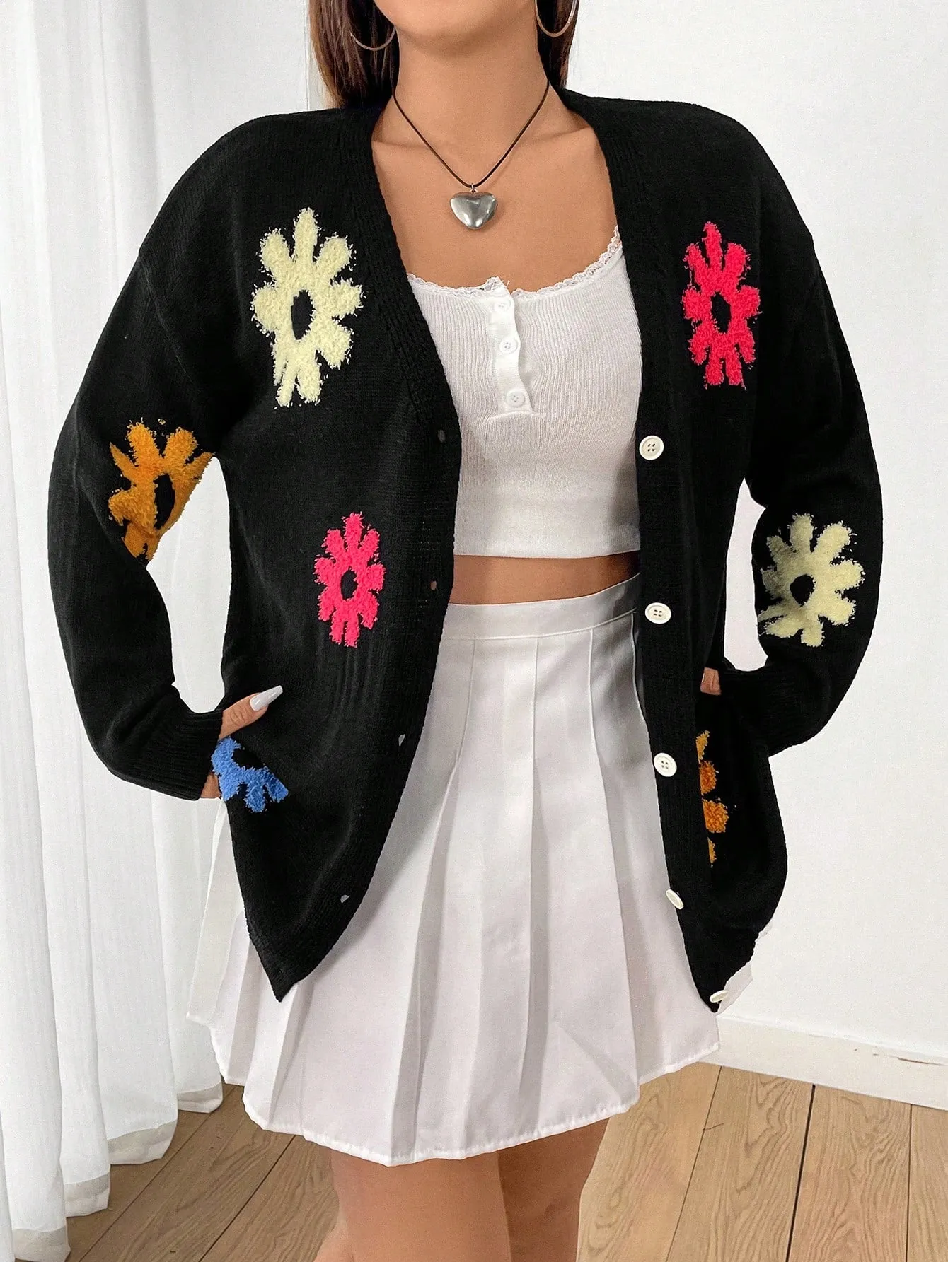 Women's Plus Size Flower Pattern Drop Shoulder Open Front Cardigan