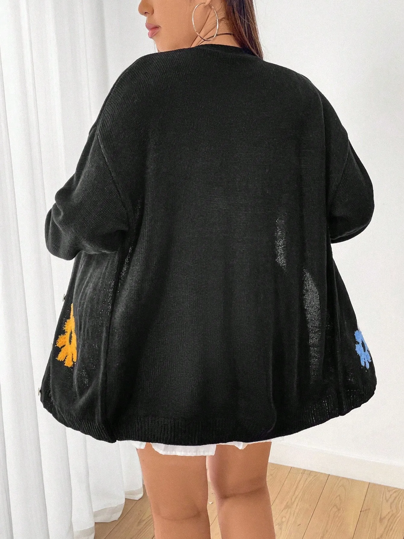 Women's Plus Size Flower Pattern Drop Shoulder Open Front Cardigan