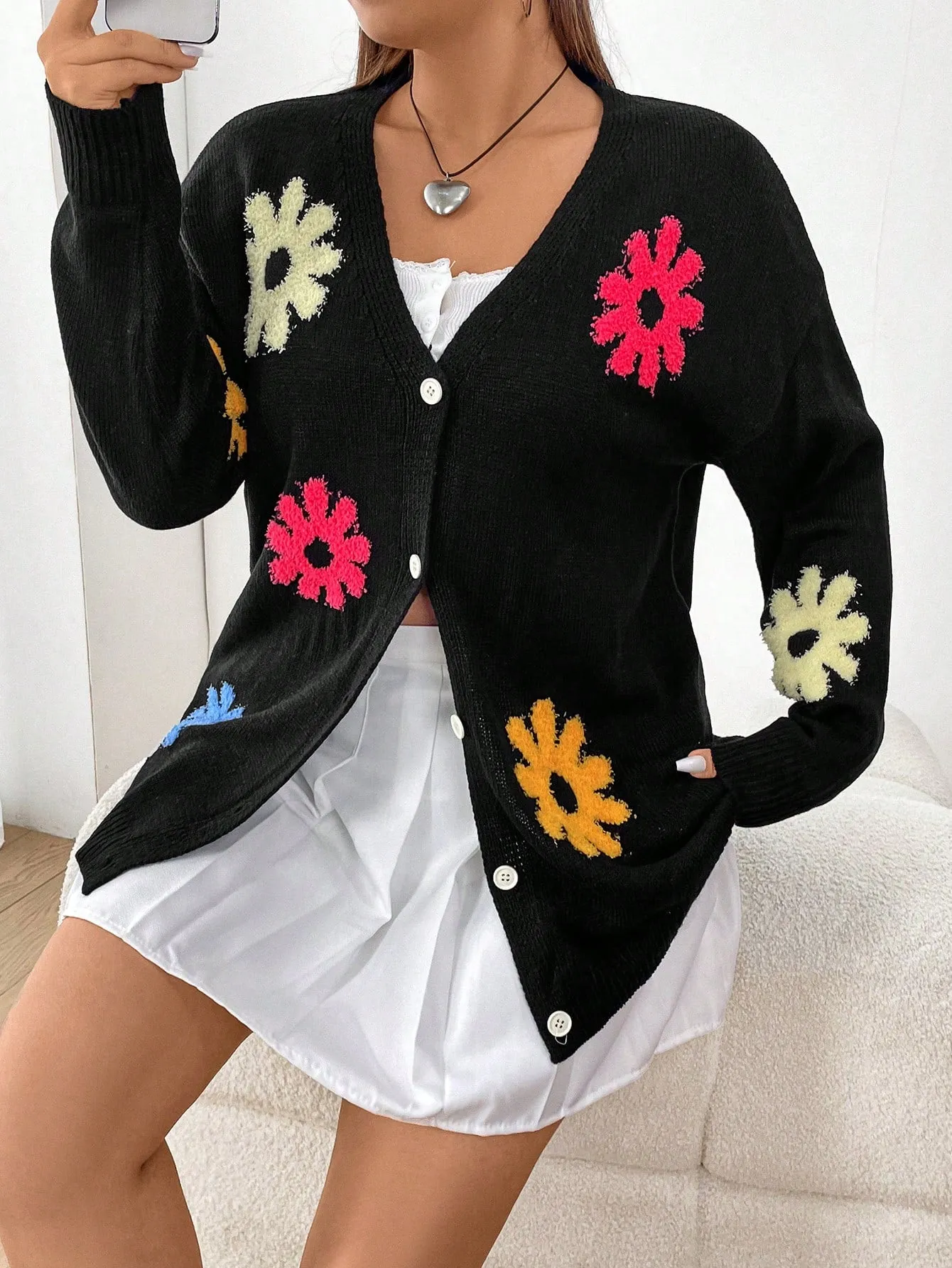 Women's Plus Size Flower Pattern Drop Shoulder Open Front Cardigan